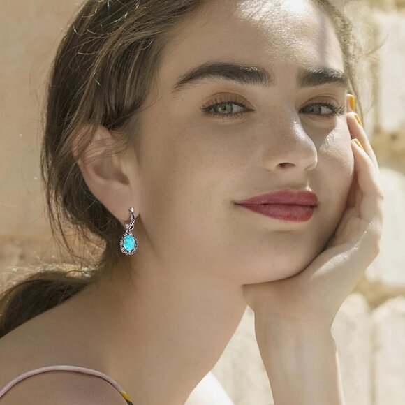 Sterling Silver Dangle Earrings Turquoise Leaf Flower Vintage Jewelry - Picture 6 of 7